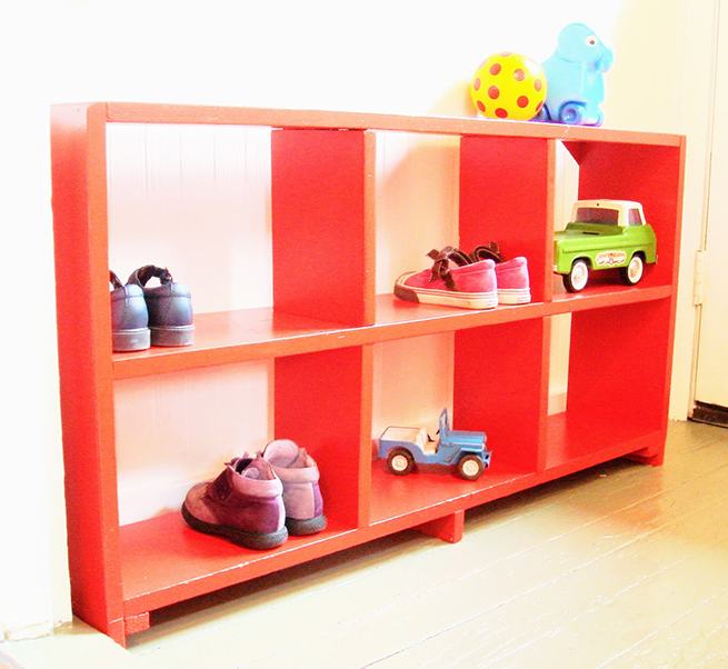 image red painted bookcase mudroom