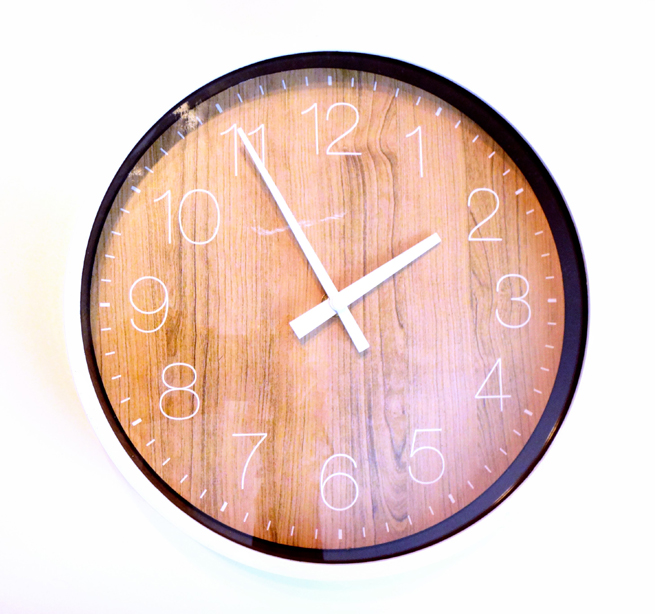 image clock with wood grain face